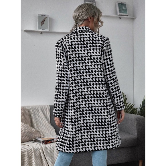 Lapel Collar Double Breasted Houndstooth plaid long pea Coat peacoat trench coat - Picture 2 of 5
